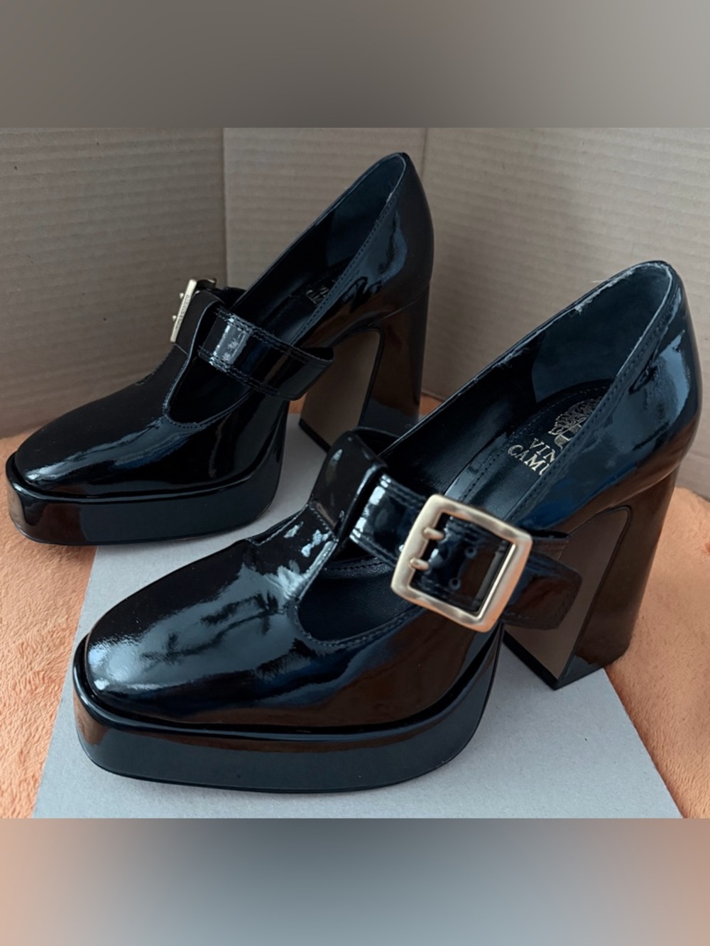 Vince Camuto Black Patent Platform Maryjanes with Gold Buckle